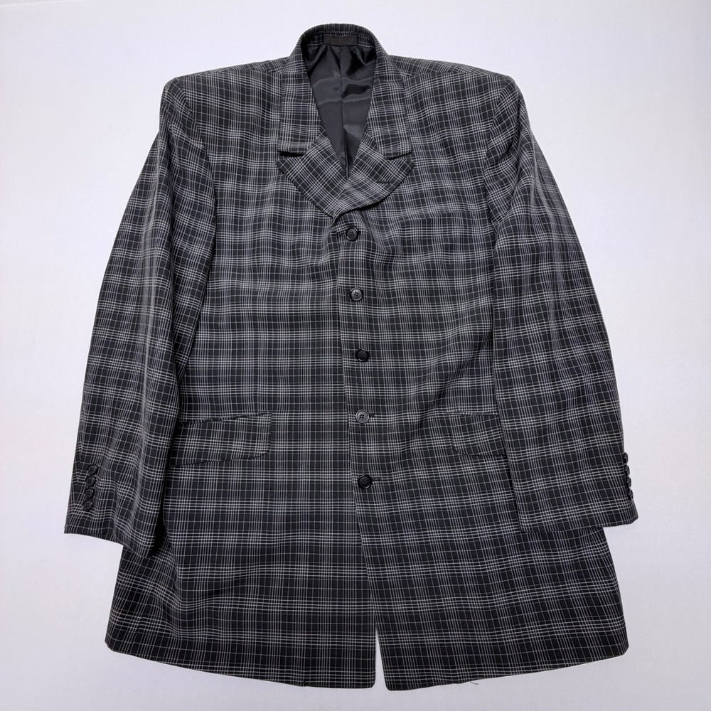 Zandello Mens 46R Plaid 5-Button Longline Blazer Jacket Black White Grey Suit